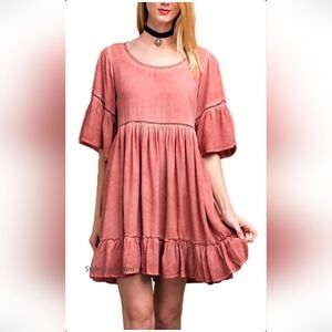 Easel   Sedona Babydoll Shirt Dress In Mineral Wash Dusty Rose Mini Dress